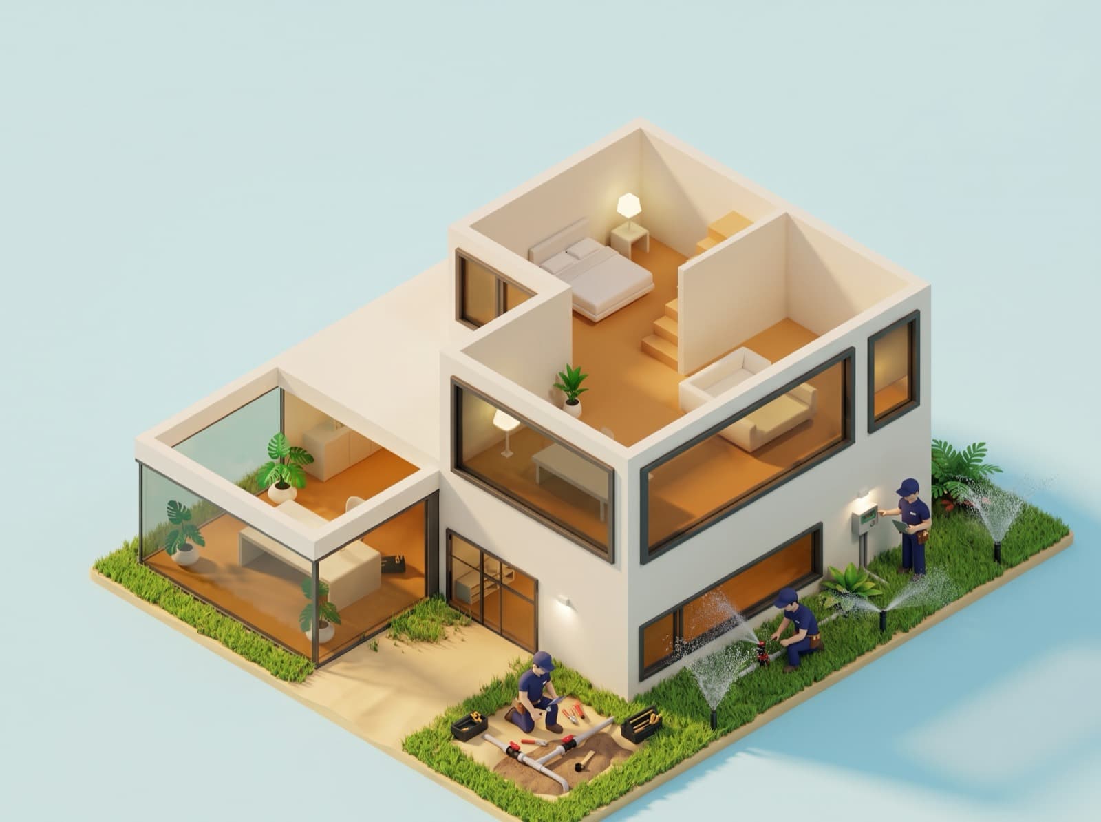 Cutaway house with technicians working on the garden and irrigation