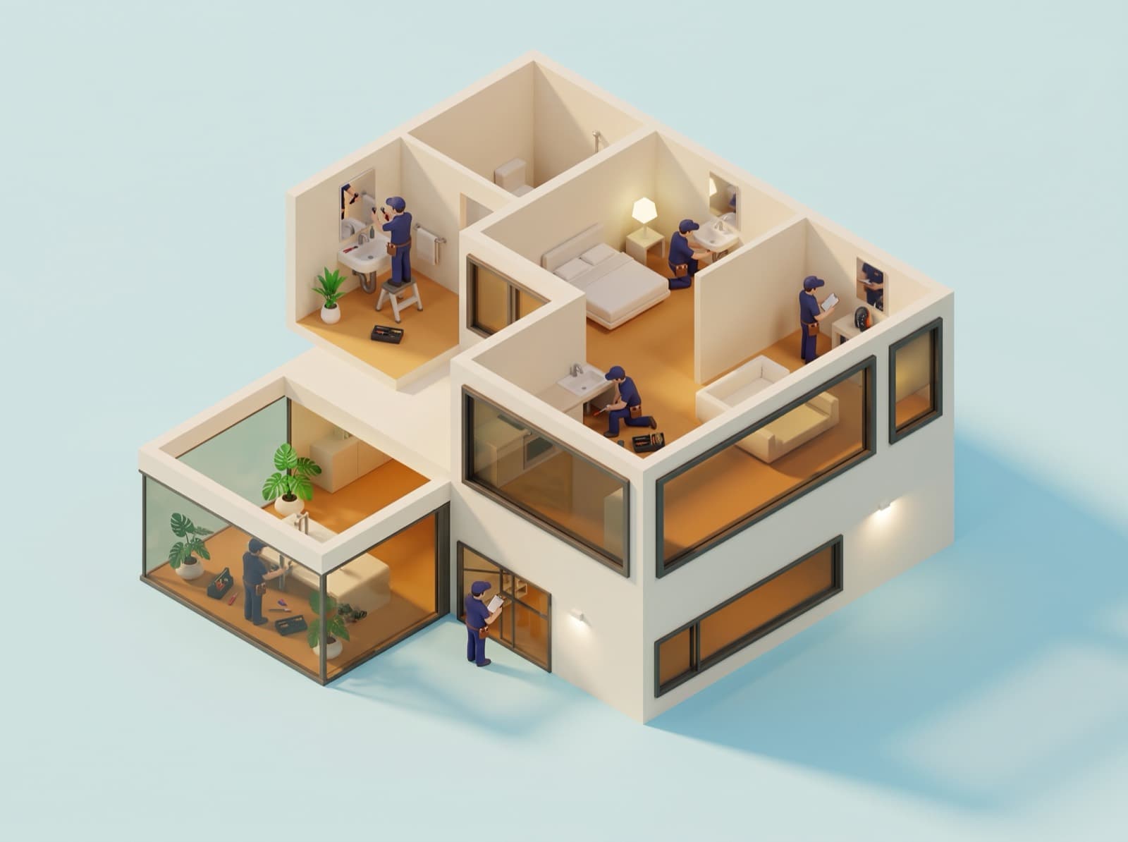 Cutaway house with a technician servicing the bathroom plumbing and fixtures