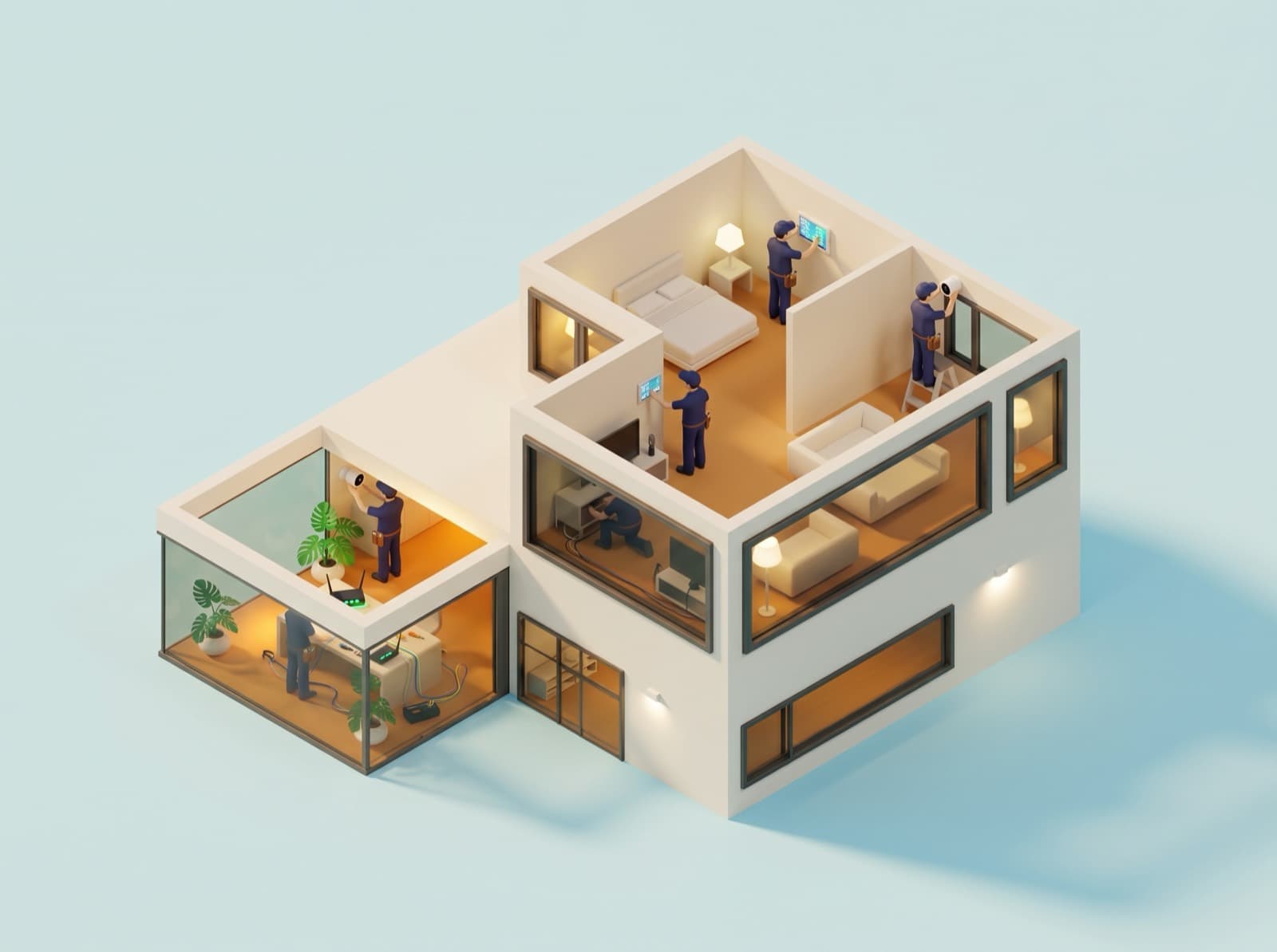 Cutaway house with technicians installing cameras and smart devices